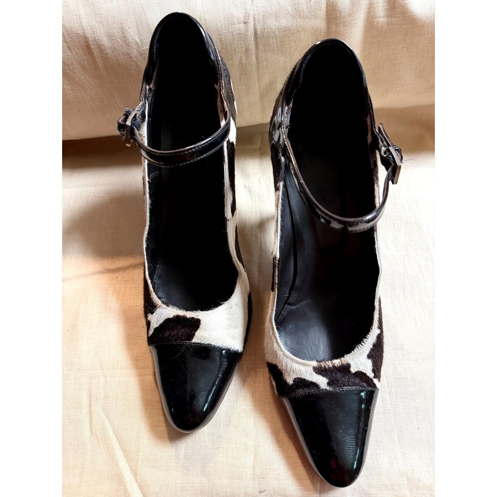 Donald Pliner Mary Jane Pumps Cow-Print Haircalf with Black Patent Leather SZ10